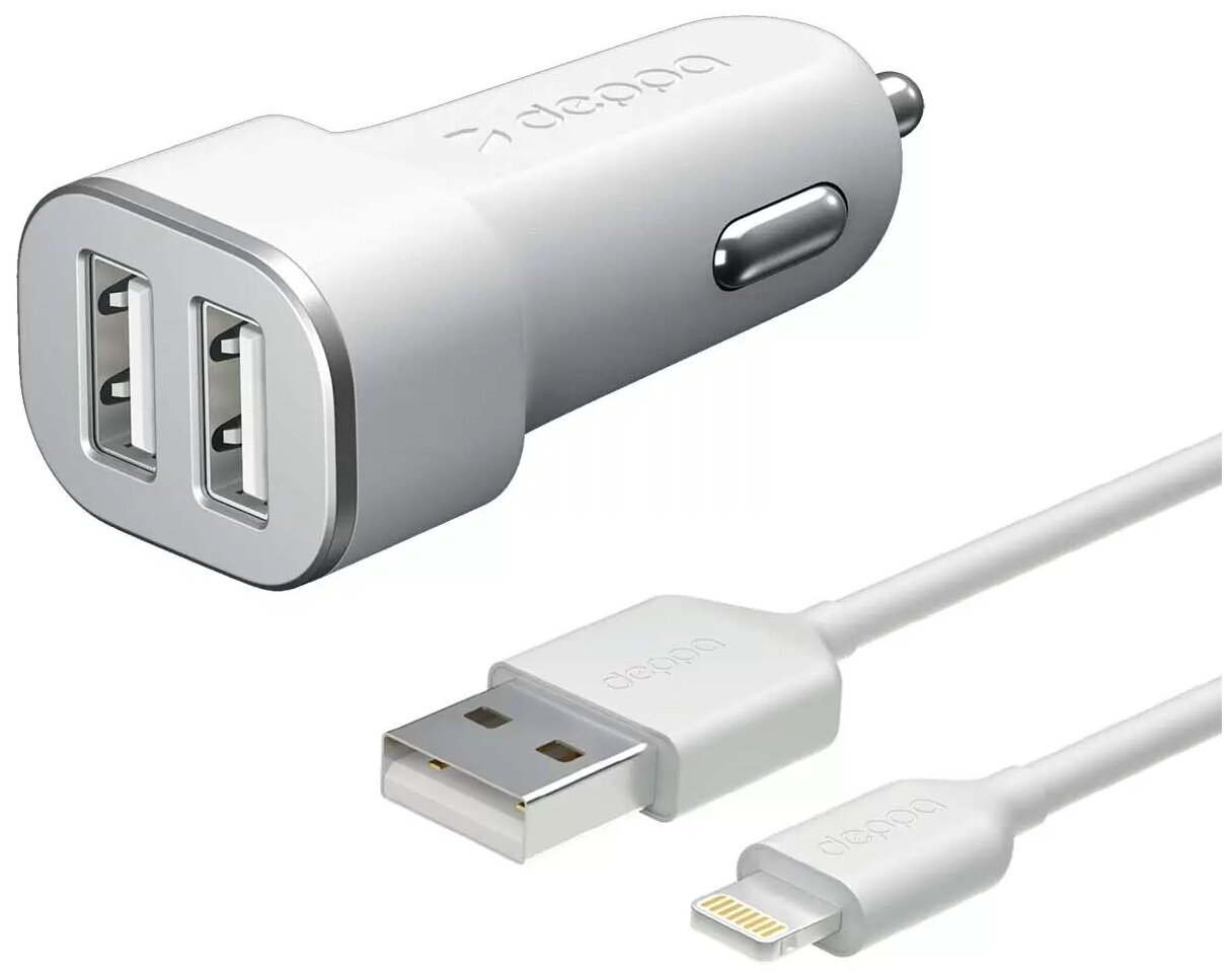 Автомобильное зарядное устройство Deppa Ultra 2 USB-A + кабель Lightning, 10W, белый