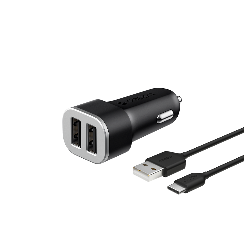 Автомобильное зарядное устройство Deppa 2 USB-A + кабель USB-C, 12W, черный