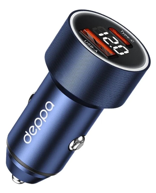 Автомобильное зарядное устройство Deppa с дисплеем USB-A->USB-С, 75W, синий