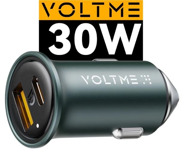 Автомобильное зарядное устройство VOLTME Cazo 30CA Алюминиевый корпус (30Вт W USB A + Type-C), зеленый