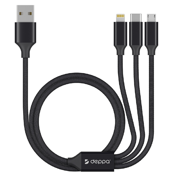 Кабель Deppa 3 в 1: micro USB, USB-C, Ligthning, алюминий, 1.2м, черный