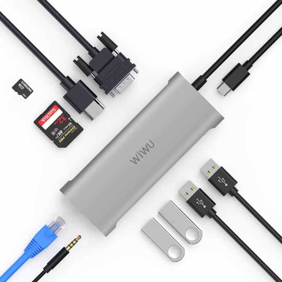 Адаптер WIWU 11 in 1 Type C -> 3х USB 3.0 Hub, SD Card, TF, 2x HDMI, VGA, RJ 45, PD, 3,5mm