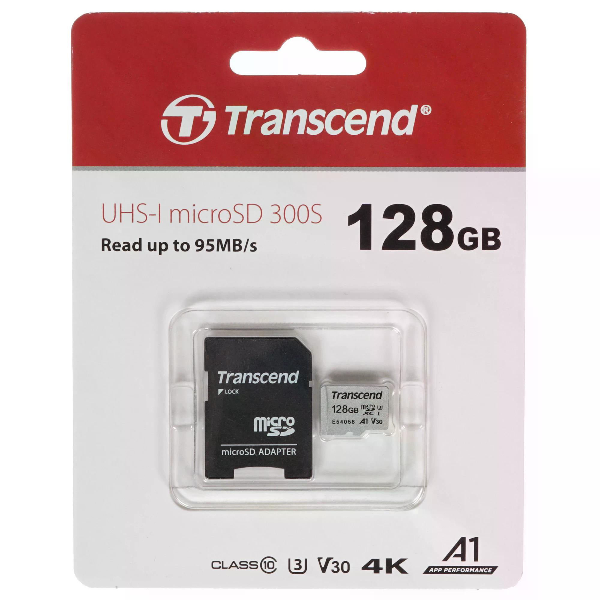 Карта памяти MicroSD 128GB Transcend 300S UHS-I U3 + SD адаптер
