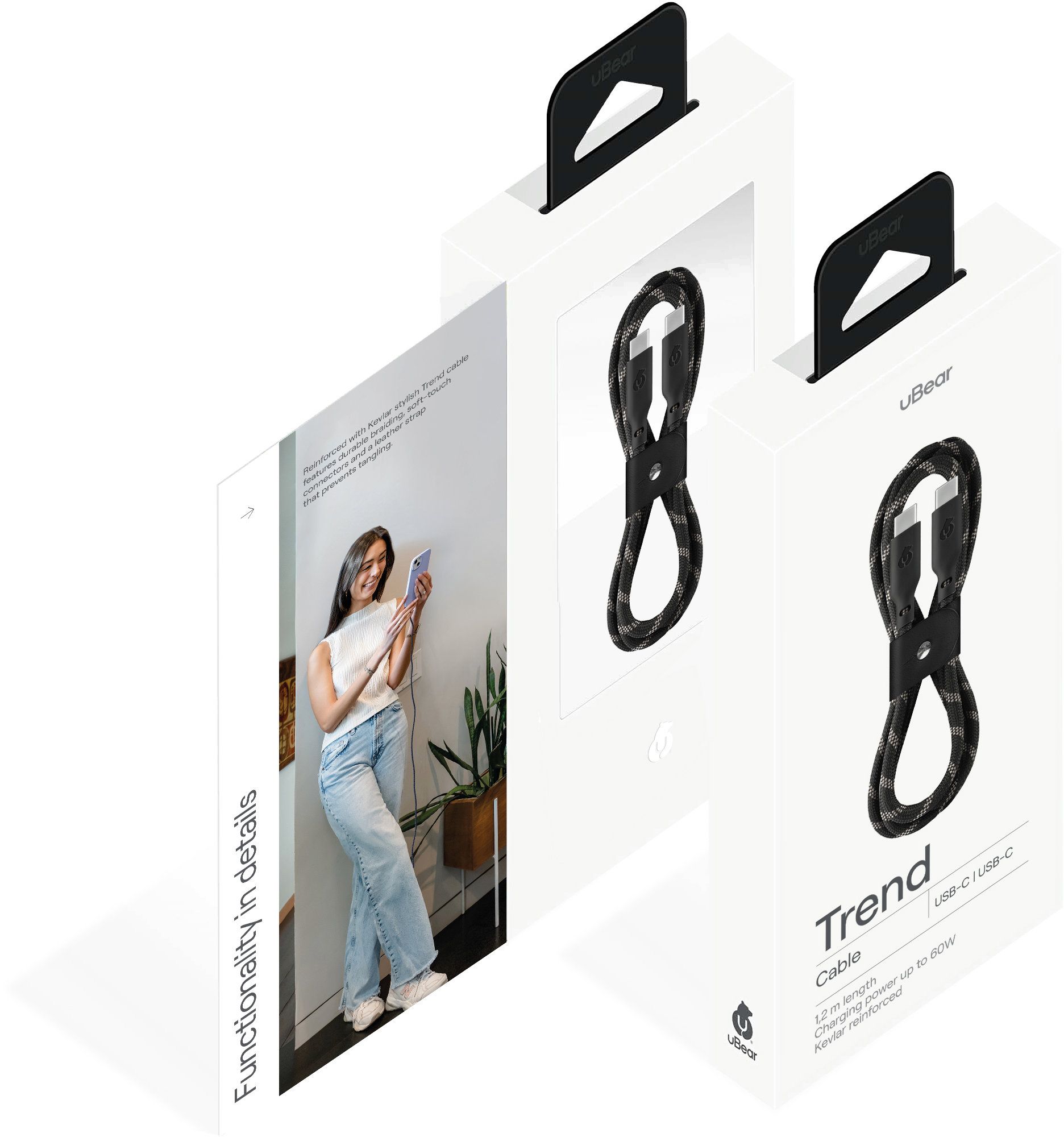 Кабель Ubear Trend Cable USB-C/USB-C 1.2м, 60W, цвет: черно-бежевый