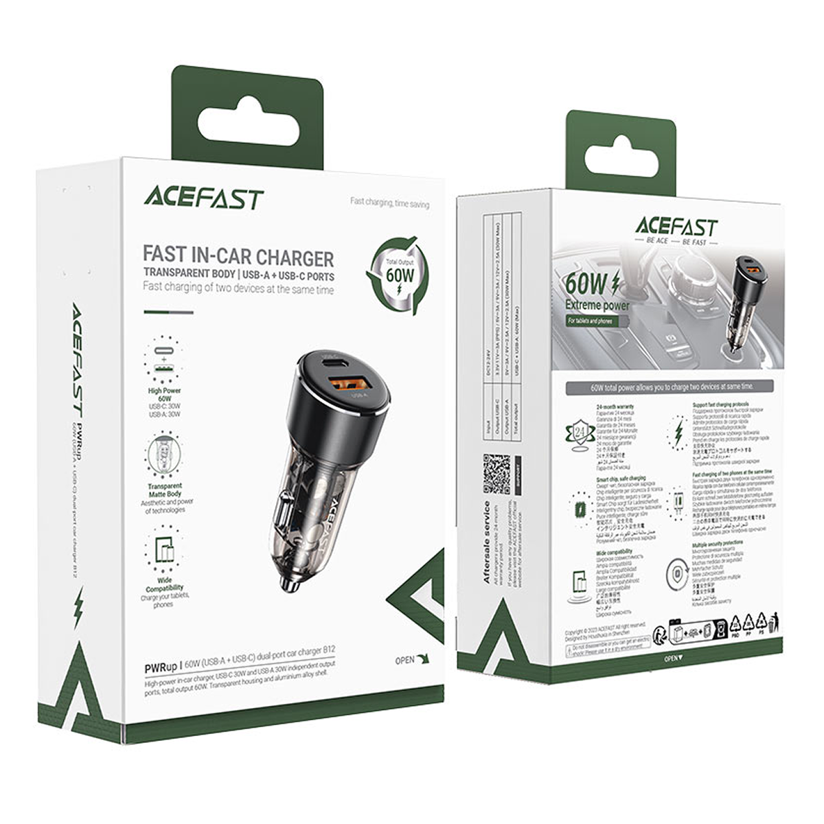 Автомобильное зарядное устройство Acefast B12 60W (USB-A+USB-C) dual-port car charger, Black